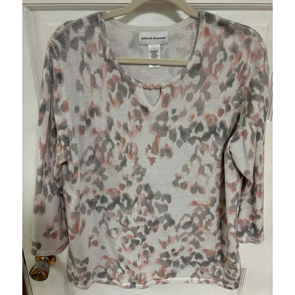 Alfred Dunner Women's Large Soft Spoken Shimmer Animal Print Sweater 3/4 Sleeves